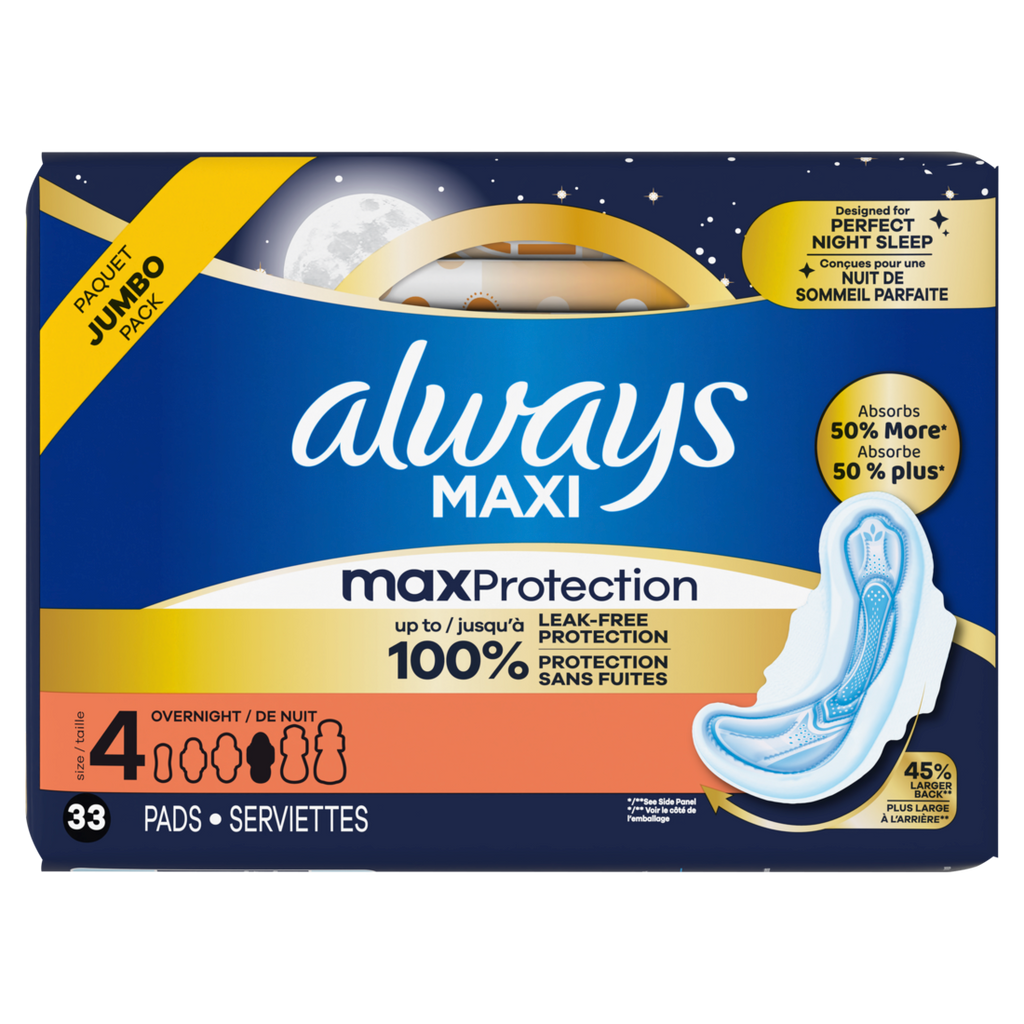 Always Maxi Overnight Pads With Wings For Women Size 4 Overnight Absorbency Unscented - 33ct/6pk