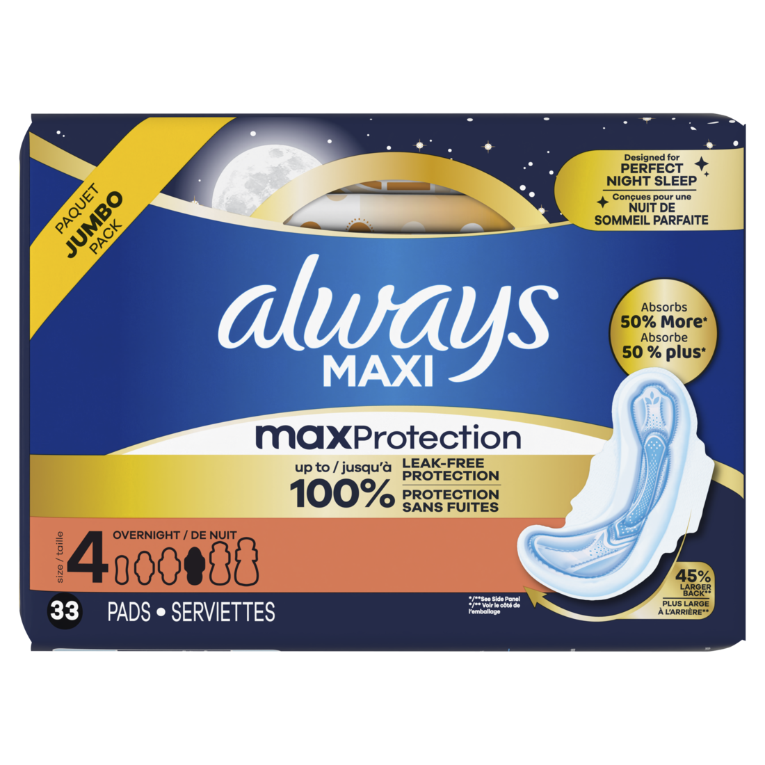 Always Maxi Overnight Pads With Wings For Women Size 4 Overnight Absorbency Unscented - 33ct/6pk