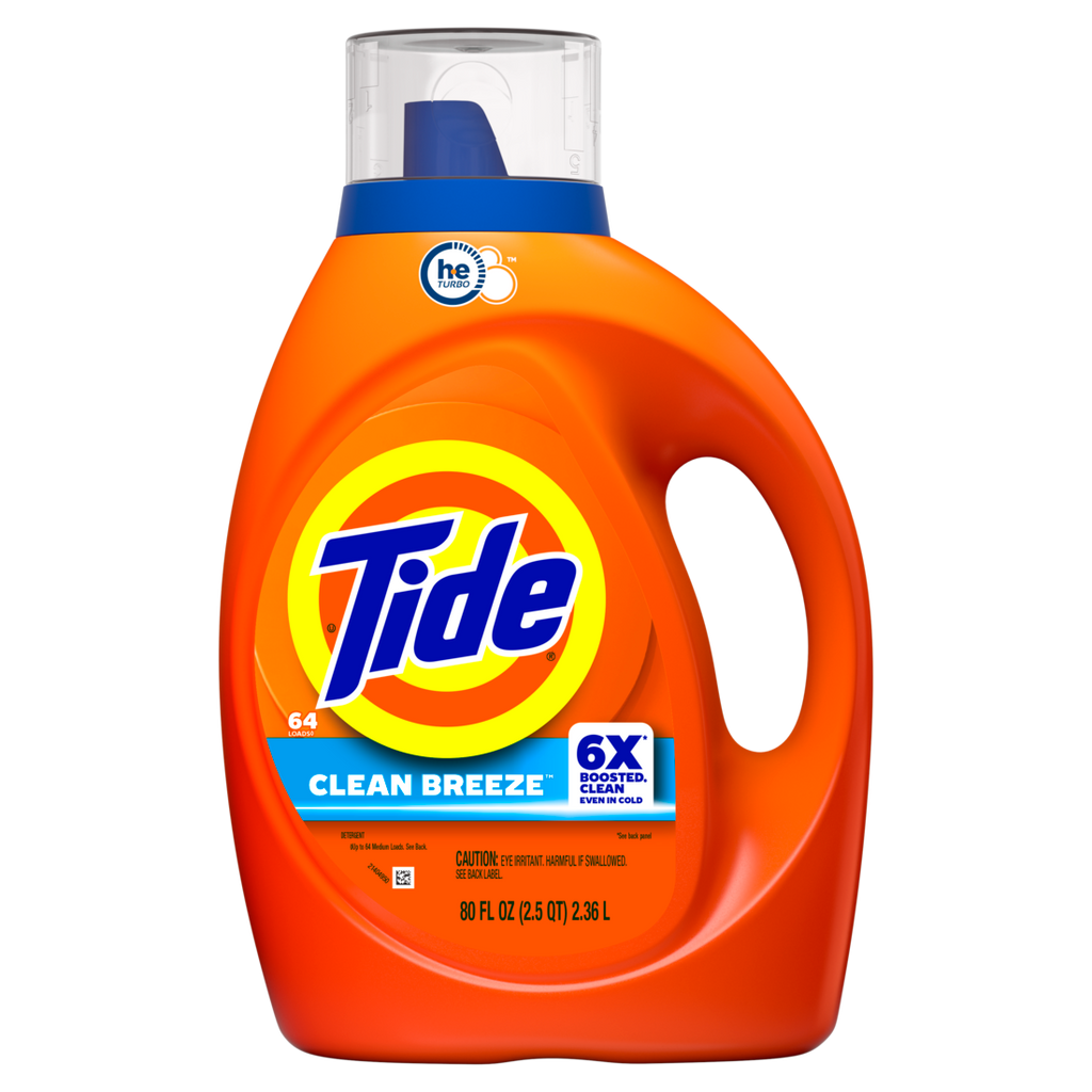 Tide Laundry Detergent Liquid Clean Breeze Scent 64 Loads Works On 100% Of Common Stains - 80oz/4pk