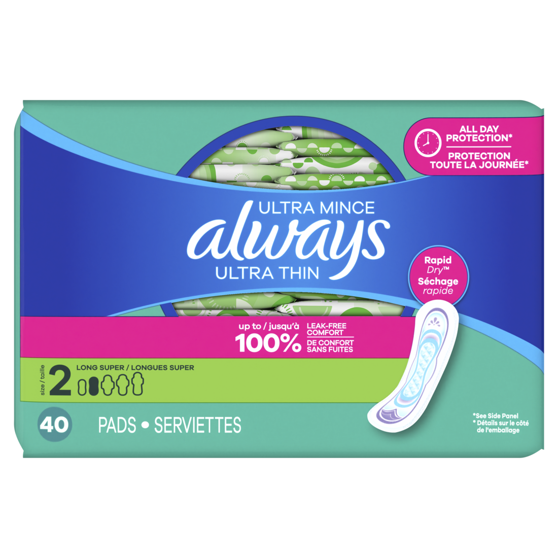 Always Ultra Thin Feminine Pads Without Wings For Women Size 2 Long Super Absorbency Unscented - 40ct/6pk
