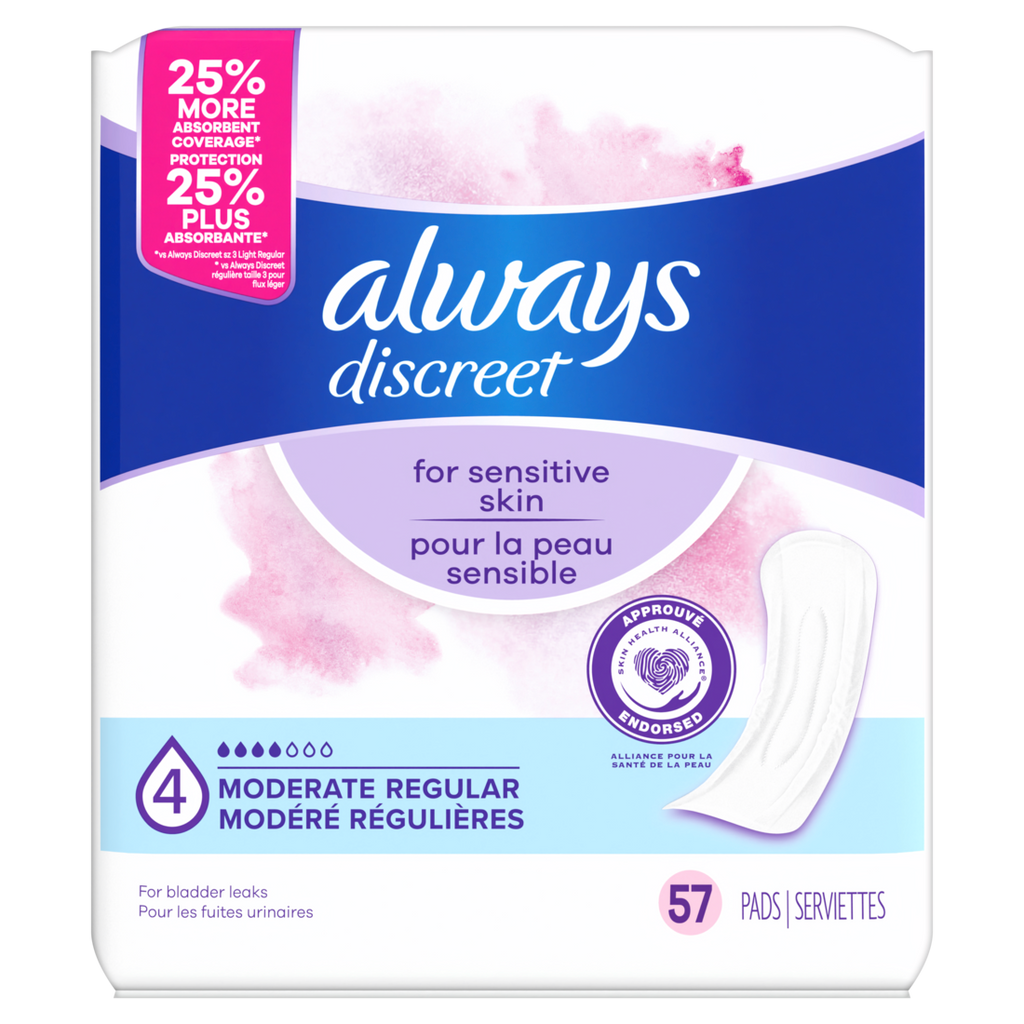 Always Discreet Incontinence Pads For Women With Bladder Leaks Sensitive Skin Pads Moderate Absorbency Regular Length - 57ct/3pk
