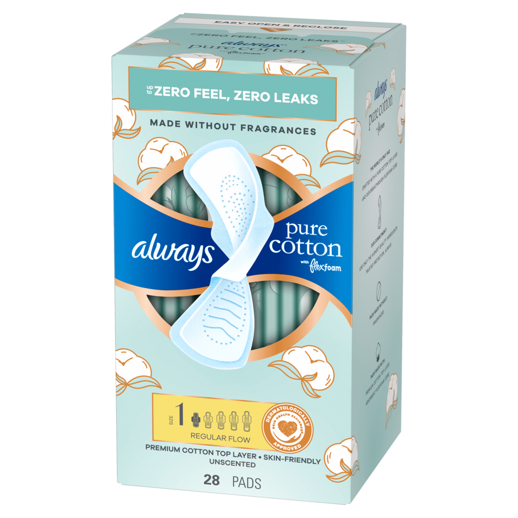 Always Pure Cotton With Flexfoam Pads Size 1 Regular With Wings Unscented - 28ct/3pk