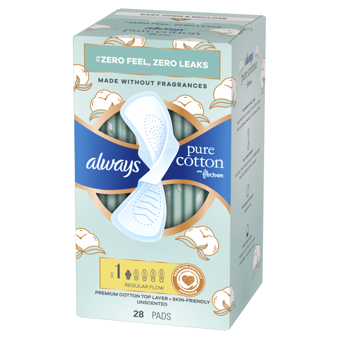 Always Pure Cotton With Flexfoam Pads Size 1 Regular With Wings Unscented - 28ct/3pk