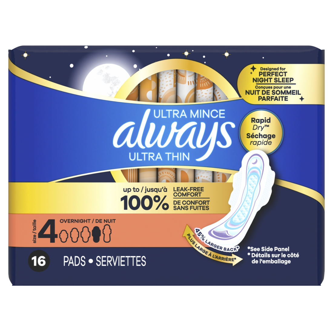 Always Ultra Thin Feminine Pads With Wings For Women Size 4 Overnight Absorbency Unscented - 16ct/6pk