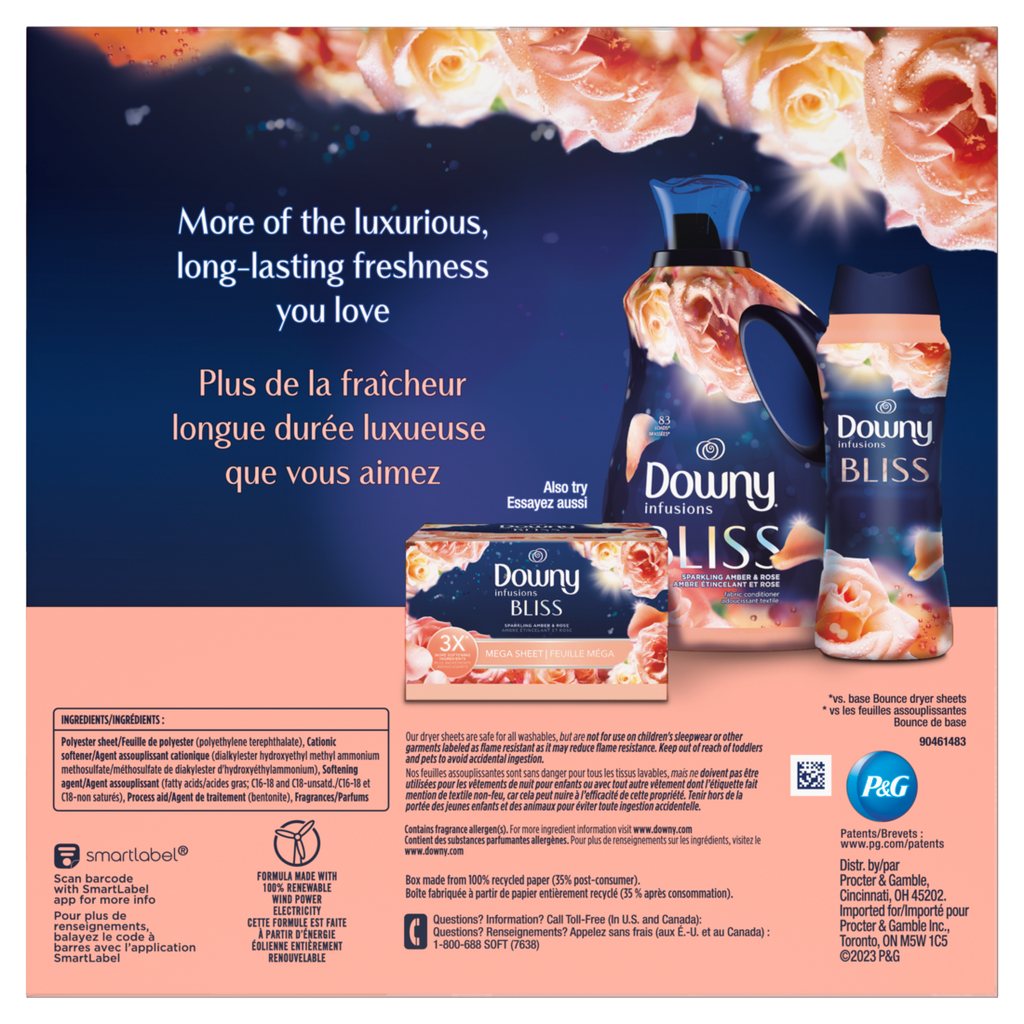 Downy Infusions Mega Dryer Sheets Laundry Fabric Softener Bliss Amber And Rose - 130ct/3pk