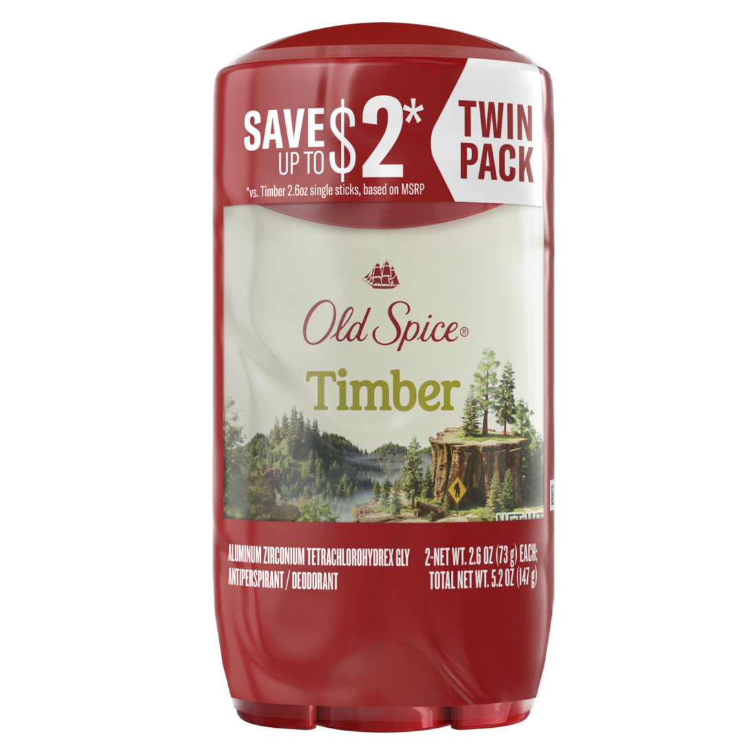 Old Spice Men's Antiperspirant And Deodorant Timber With Sandalwood 24/7 Sweat Protection Twin Pack - (2x2.6)oz/6pk