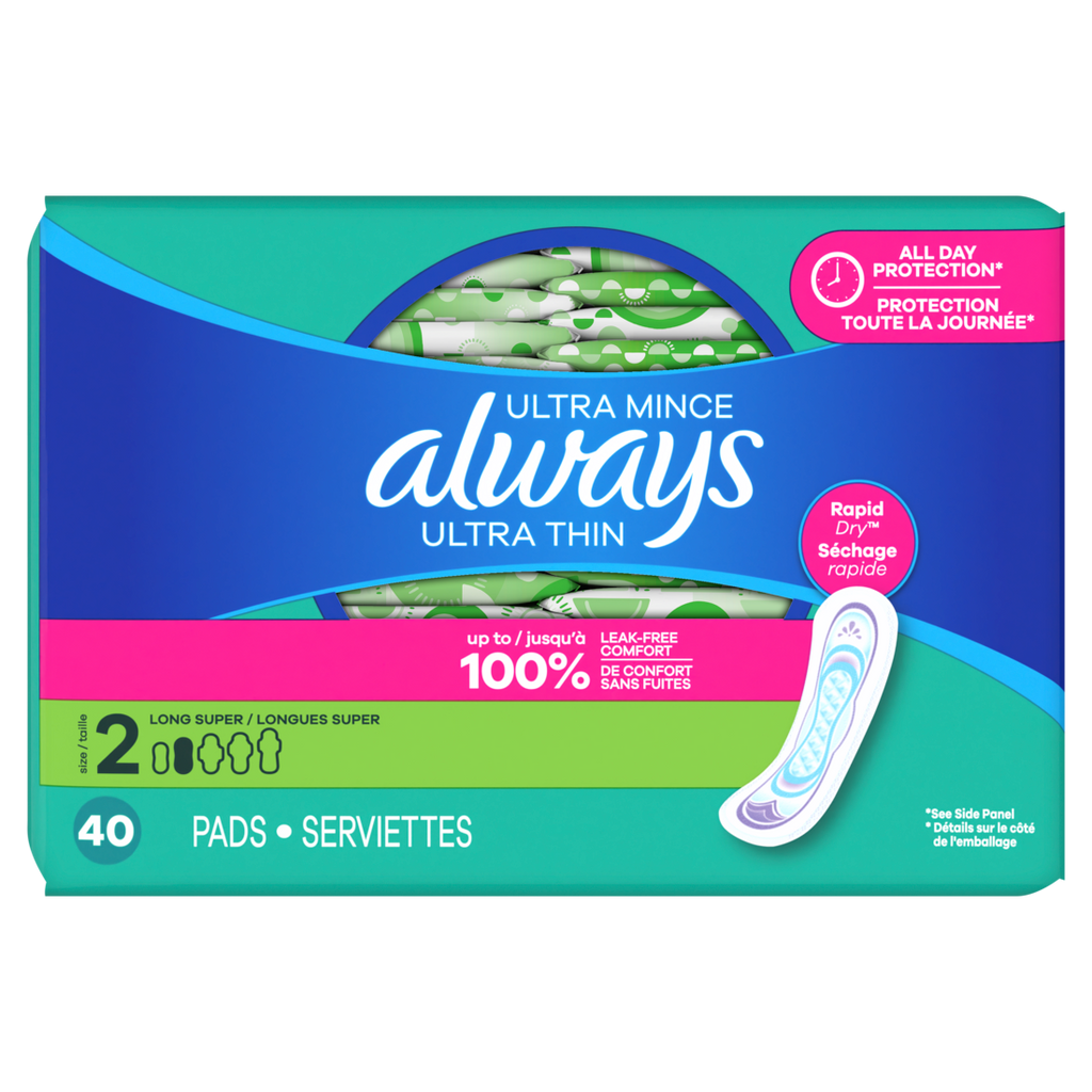 Always Ultra Thin Feminine Pads Without Wings For Women Size 2 Long Super Absorbency Unscented - 40ct/3pk