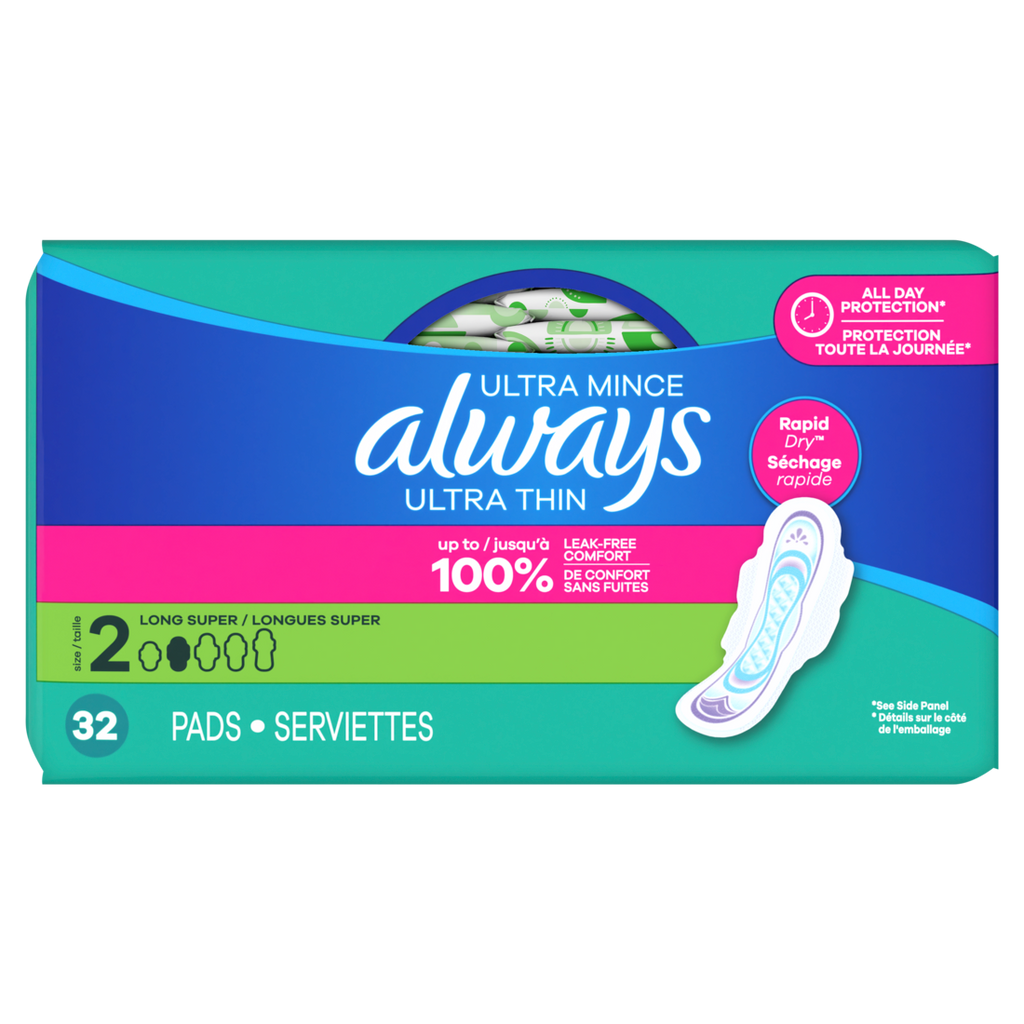 Always Ultra Thin Feminine Pads With Wings For Women Size 2 Long Super Absorbency Unscented - 32ct/3pk