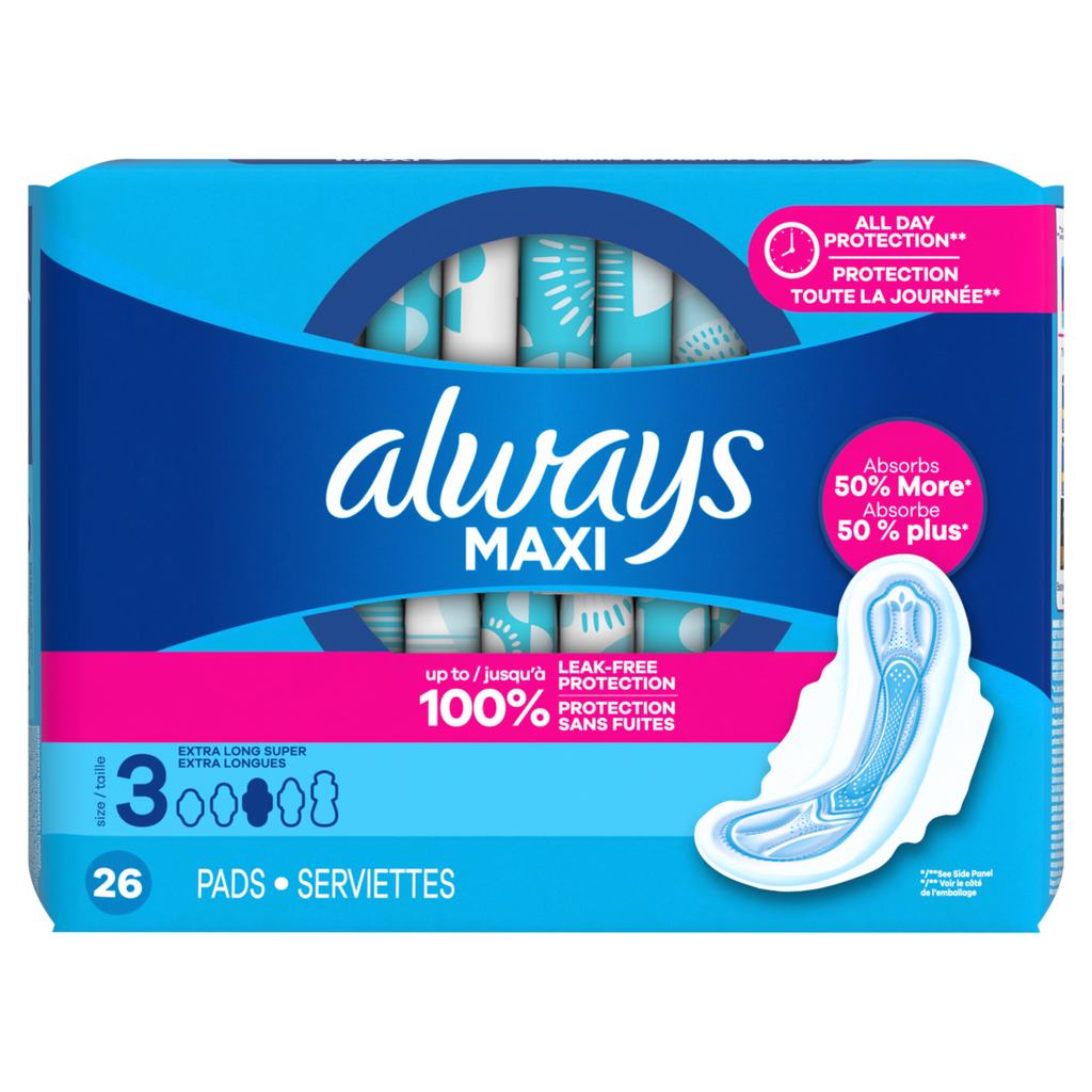 Always Maxi Feminine Pads With Wings For Women Size 3 Extra Long Super Absorbency Unscented - 26ct/6pk