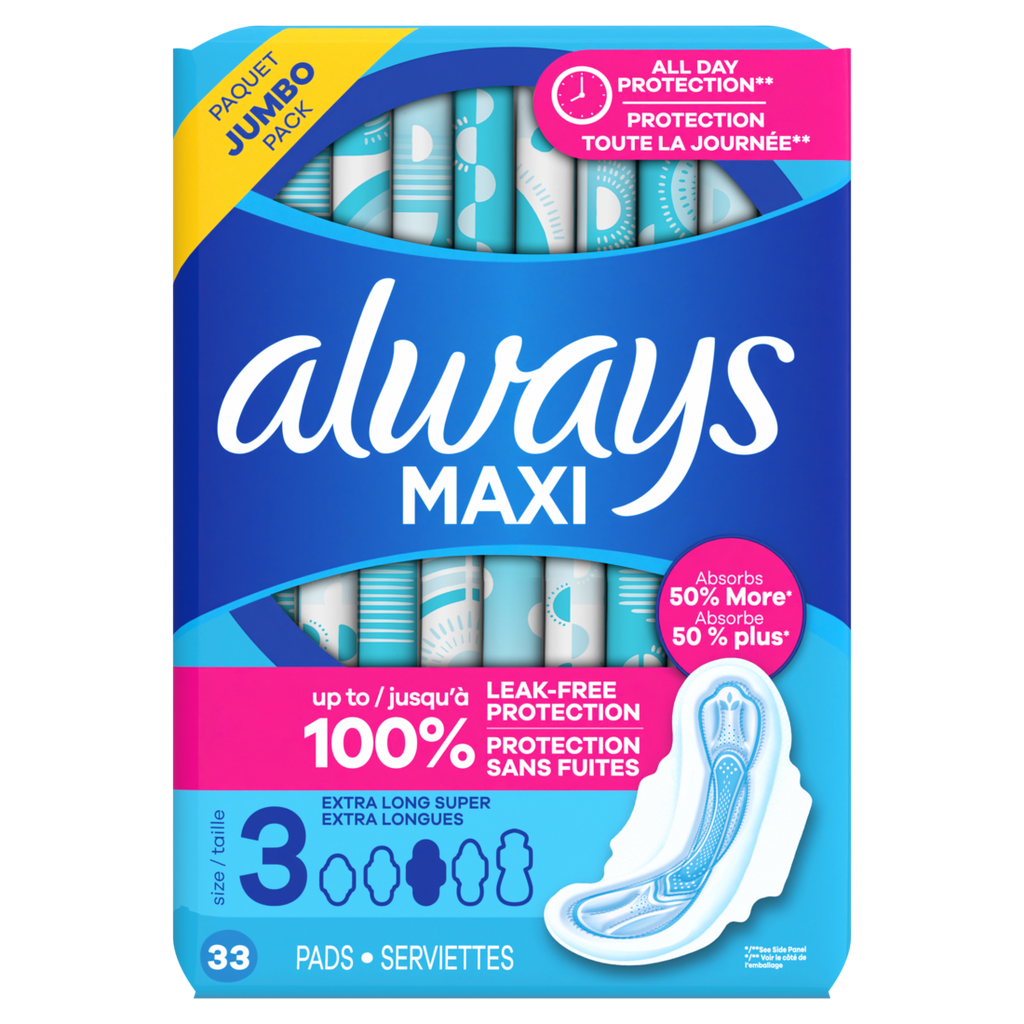 Always Maxi Feminine Pads With Wings For Women Size 3 Extra Long Super Absorbency Unscented - 33ct/3pk