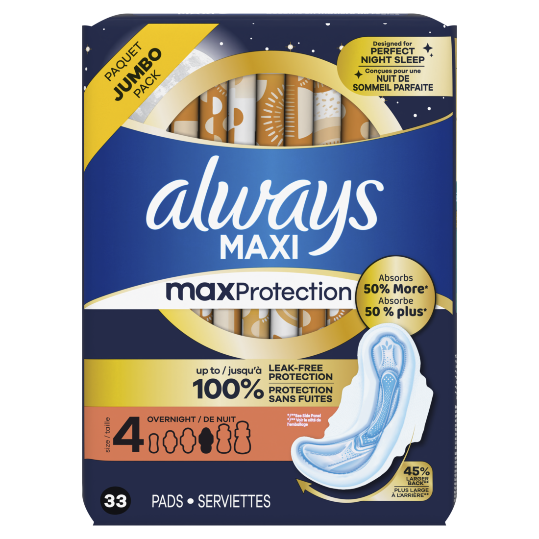 Always Maxi Overnight Pads With Wings For Women Size 4 Overnight Absorbency Unscented - 33ct/6pk