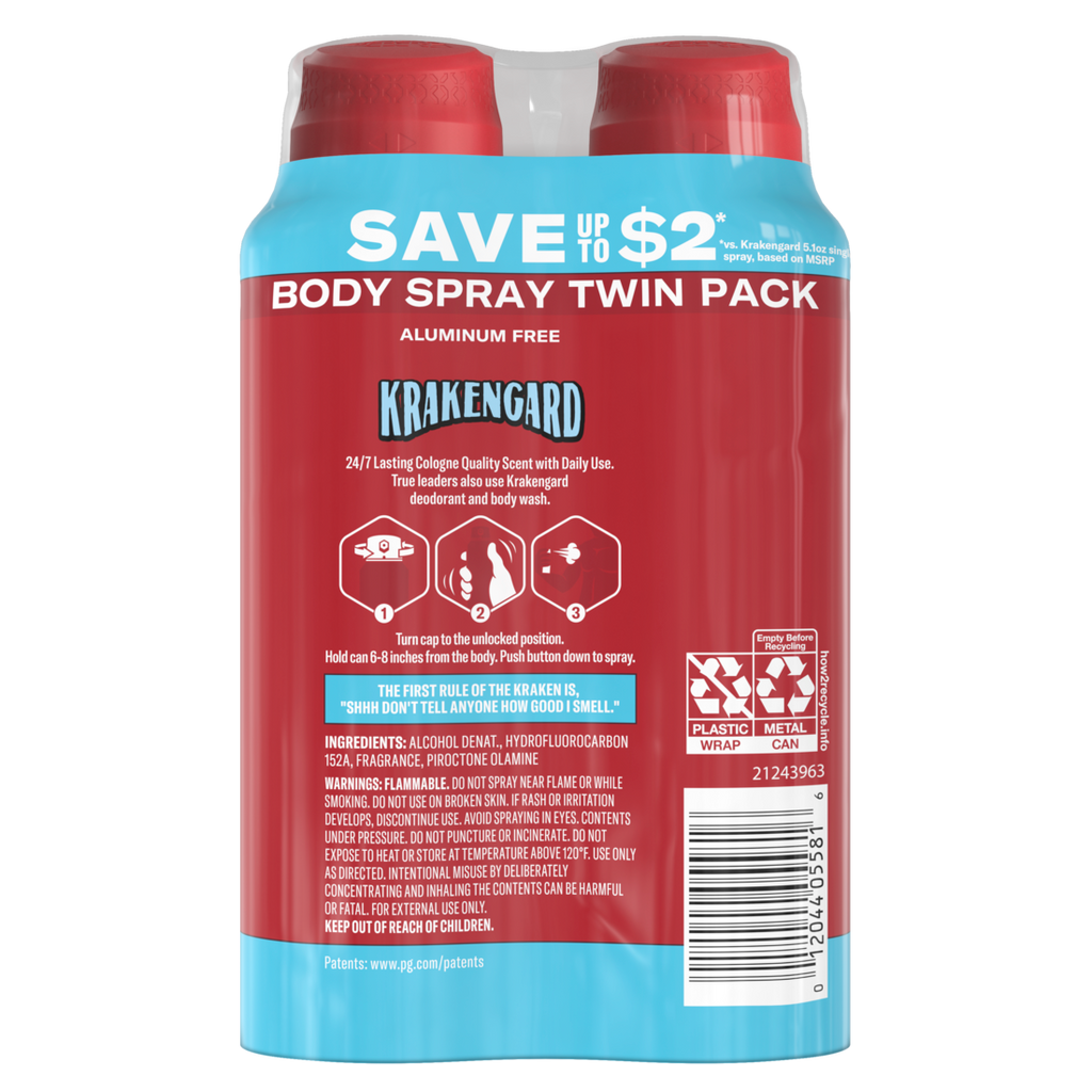 Old Spice Aluminum Free Deodorant For Men 24/7 Freshness Body Spray Long Lasting Odor Protection Cologne Quality Fragrance Krakengard Deep Ocean Scent Twin Pack - (2x5.1)oz/6pk