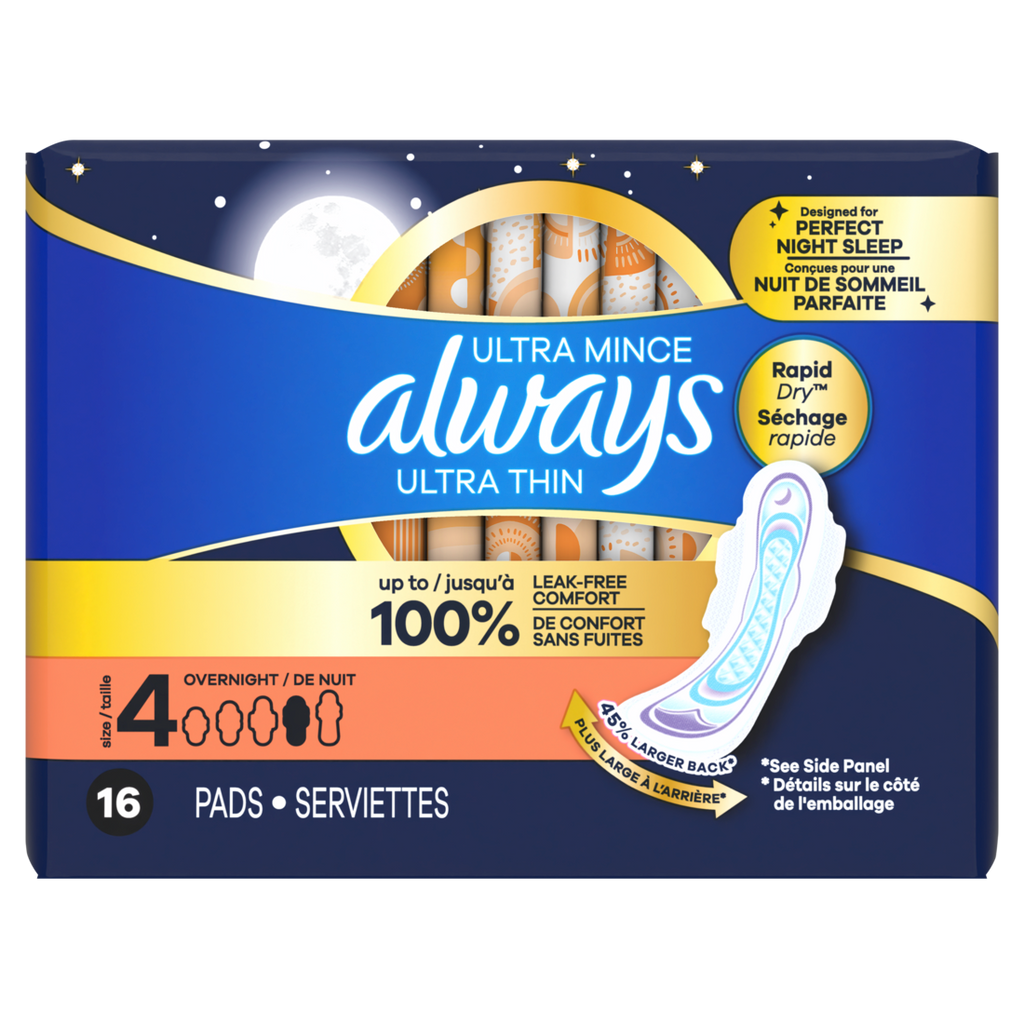Always Ultra Thin Feminine Pads With Wings For Women Size 4 Overnight Absorbency Unscented - 16ct/12pk