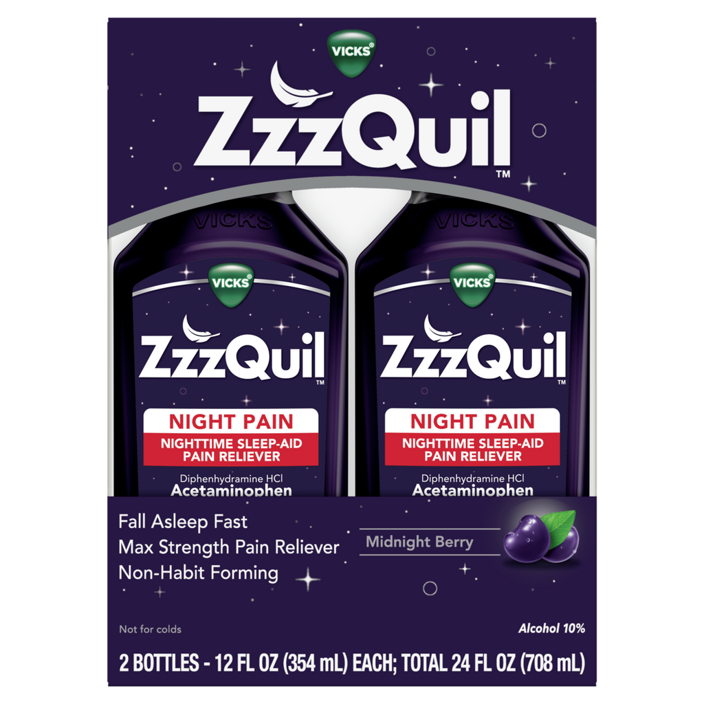 Zzzquil Liquid Max Strength Pain Reliever Nighttime Sleep Aid Liquid Acetaminophen 1000Mg Diphenhydramine 50Mg Hci Non-Habit Forming Midnight Berry Flavored 2 Pack - (2x12)oz/3pk