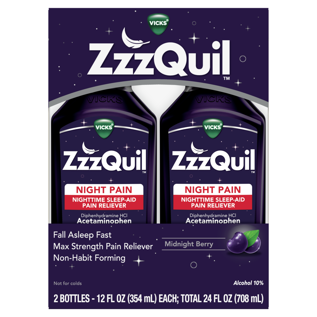 Zzzquil Liquid Max Strength Pain Reliever Nighttime Sleep Aid Liquid Acetaminophen 1000Mg Diphenhydramine 50Mg Hci Non-Habit Forming Midnight Berry Flavored 2 Pack - (2x12)oz/3pk