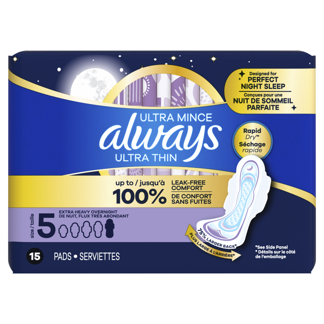 Always Ultra Thin Feminine Pads With Wings For Women Size 5 Extra Heavy Overnight Absorbency Unscented - 15ct/6pk