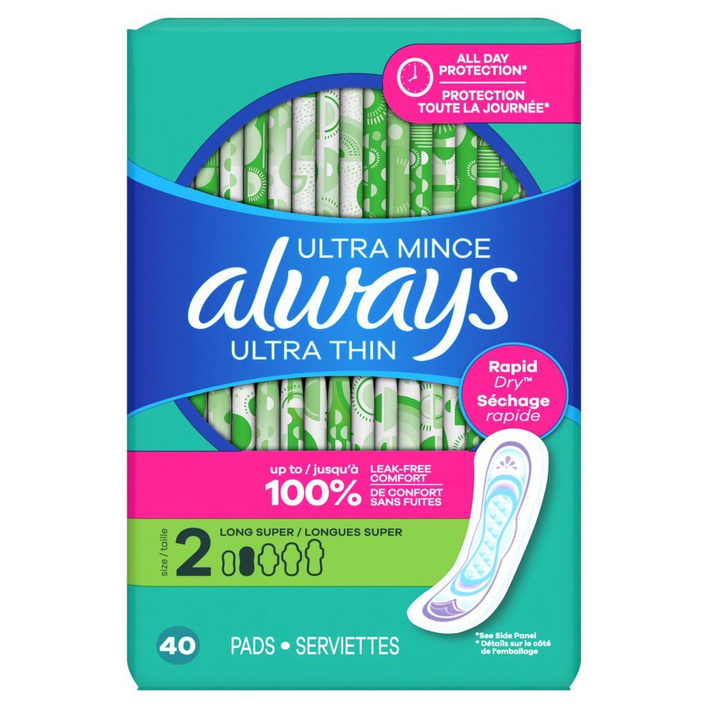 Always Ultra Thin Feminine Pads Without Wings For Women Size 2 Long Super Absorbency Unscented - 40ct/6pk