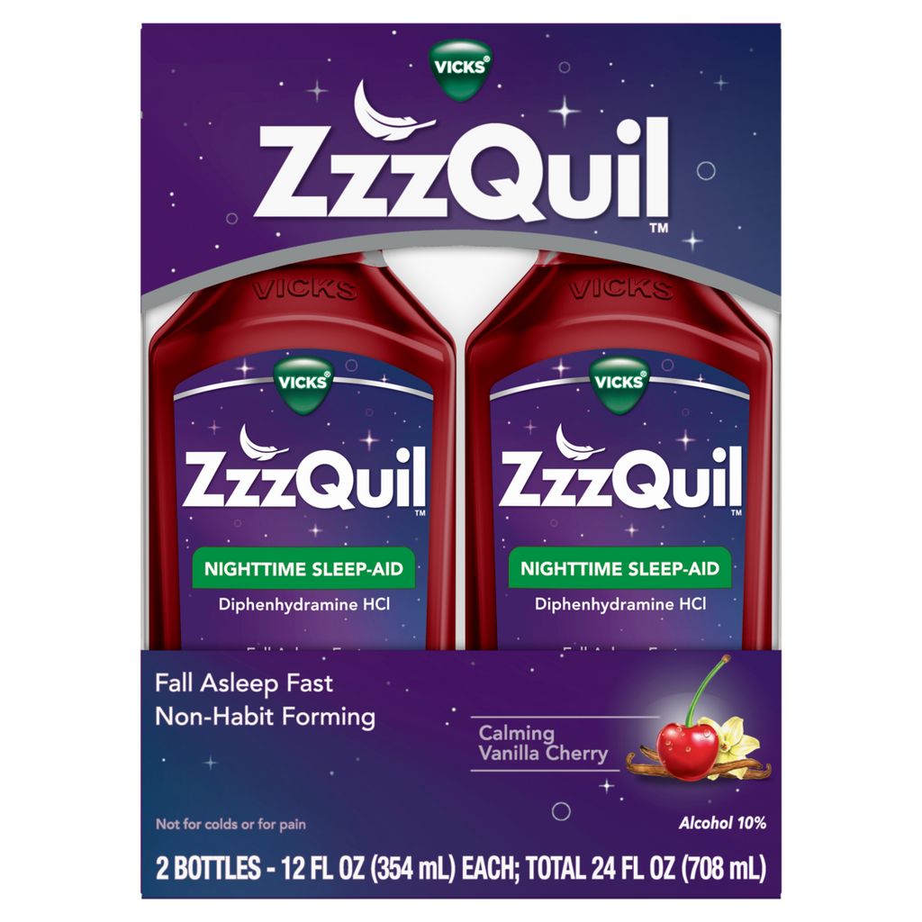 Zzzquil Liquid Sleep Aid Diphenhydramine 50Mg Hcl Calming Vanilla Cherry Flavored Nighttime Sleep Aid Liquid Sleep Aids For Adults 2 Pack - (2x12)oz/3pk