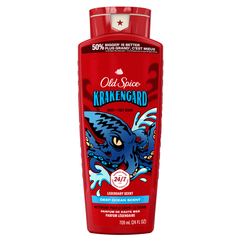 Old Spice Cleansing Body Wash For Men 24/7 Shower Clean With Lasting Scent 2-in-1 Face And Body Wash Rich Lather Krakengard Deep Ocean Scent - 24oz/4pk