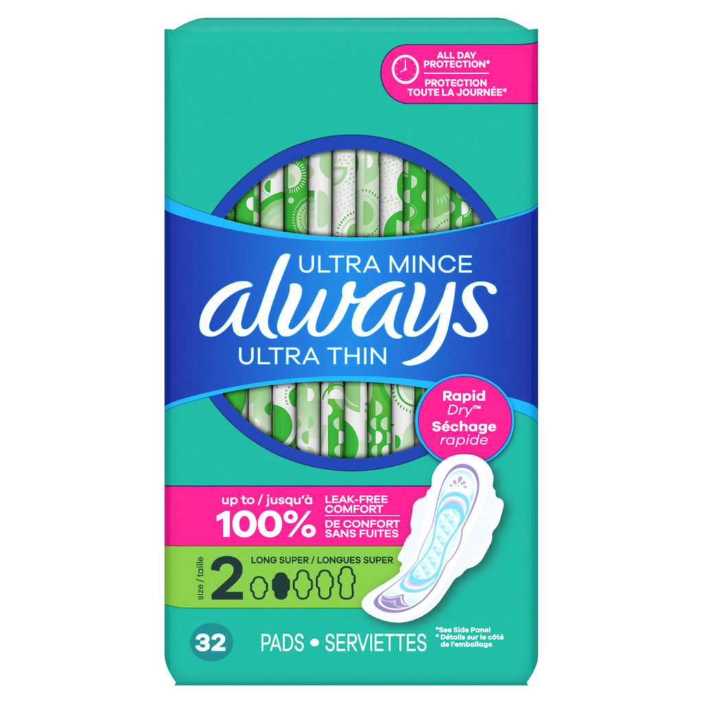 Always Ultra Thin Feminine Pads With Wings For Women Size 2 Long Super Absorbency Unscented - 32ct/3pk