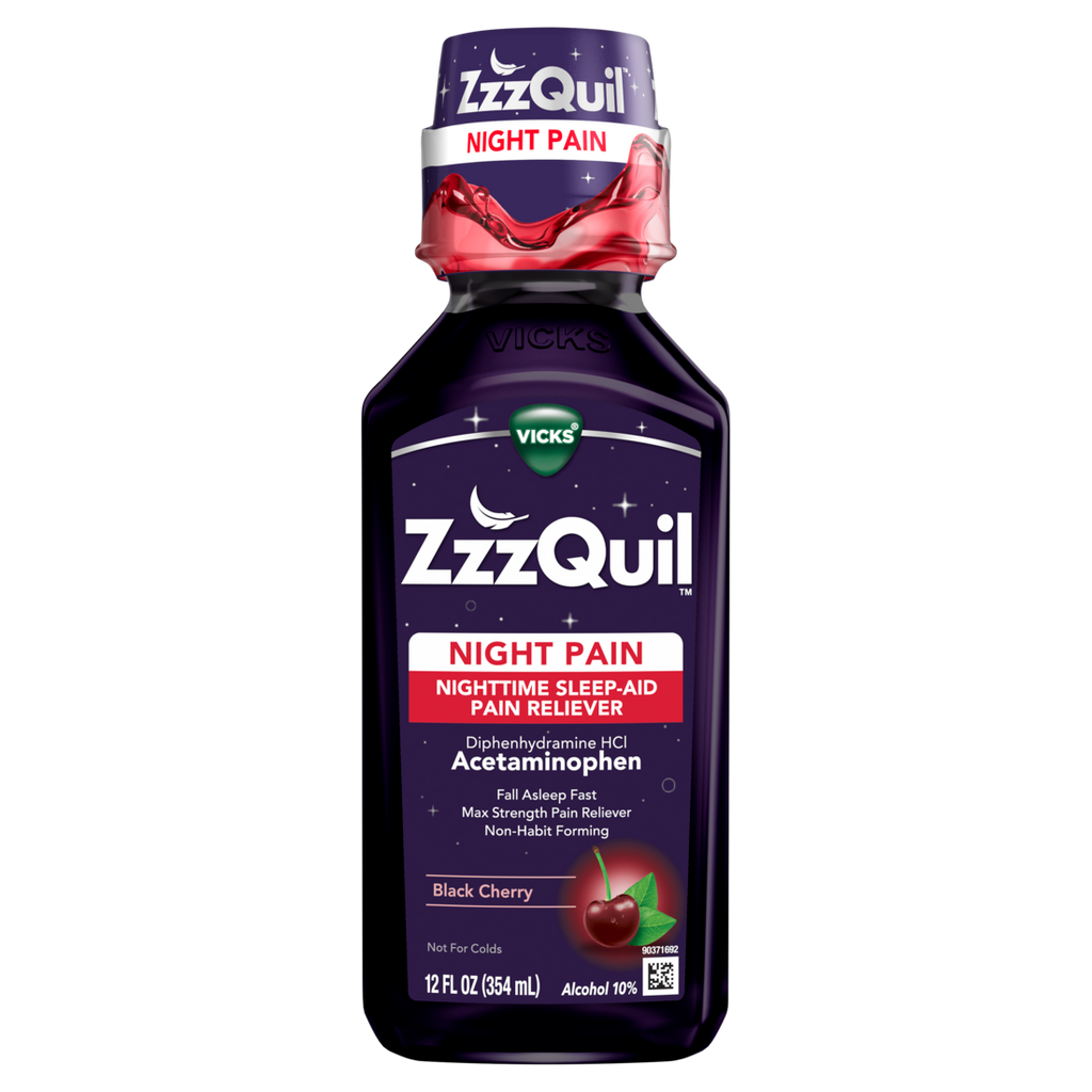 Zzzquil Liquid Max Strength Pain Reliever Nighttime Sleep Aid Liquid Acetaminophen 1000Mg Diphenhydramine 50Mg Hci Non-Habit Forming Black Cherry Flavored - 12oz/12pk