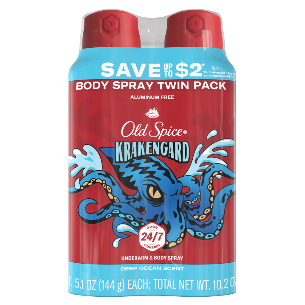 Old Spice Aluminum Free Deodorant For Men 24/7 Freshness Body Spray Long Lasting Odor Protection Cologne Quality Fragrance Krakengard Deep Ocean Scent Twin Pack - (2x5.1)oz/6pk