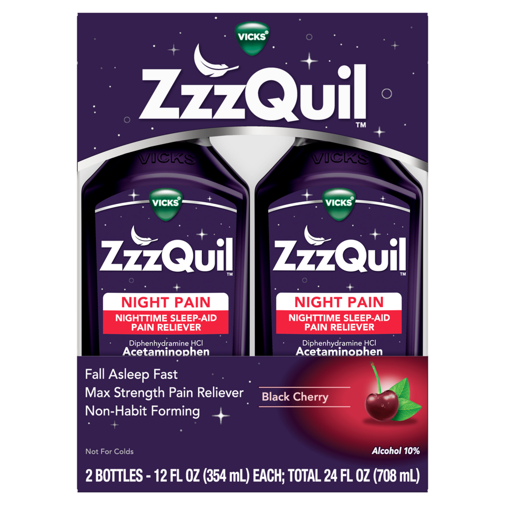 Zzzquil Liquid Max Strength Pain Reliever Nighttime Sleep Aid Liquid Acetaminophen 1000Mg Diphenhydramine 50Mg Hci Non-Habit Forming Black Cherry Flavored - (2x12)oz/3pk