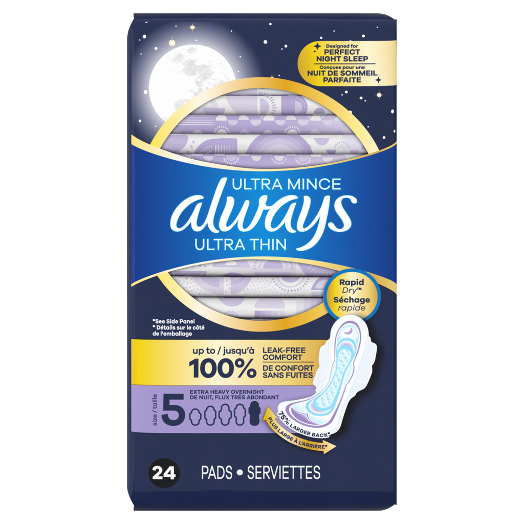 Always Ultra Thin Feminine Pads With Wings For Women Size 5 Extra Heavy Overnight Absorbency Unscented - 24ct/3pk