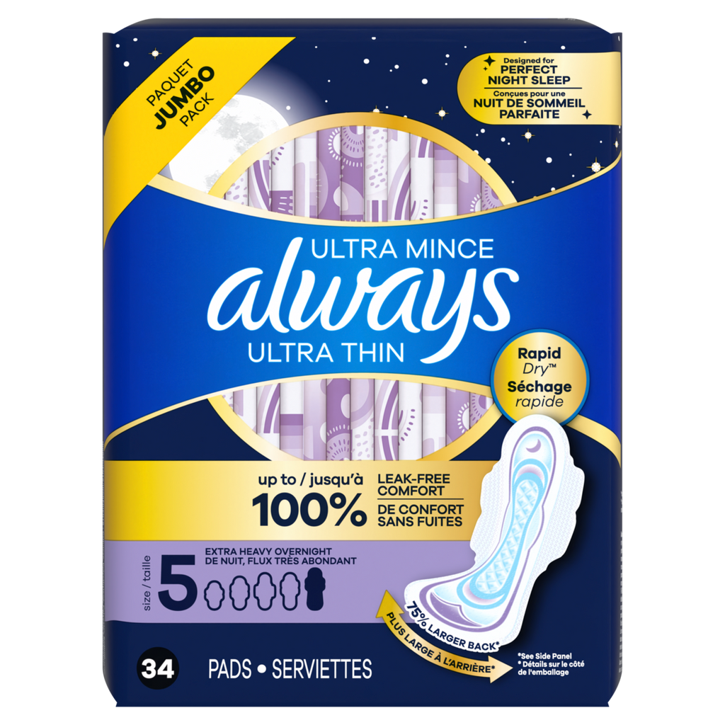 Always Ultra Thin Feminine Pads With Wings For Women Size 5 Extra Heavy Overnight Absorbency Unscented - 34ct/3pk