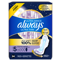 Always Ultra Thin Feminine Pads With Wings For Women Size 5 Extra Heavy Overnight Absorbency Unscented - 34ct/3pk