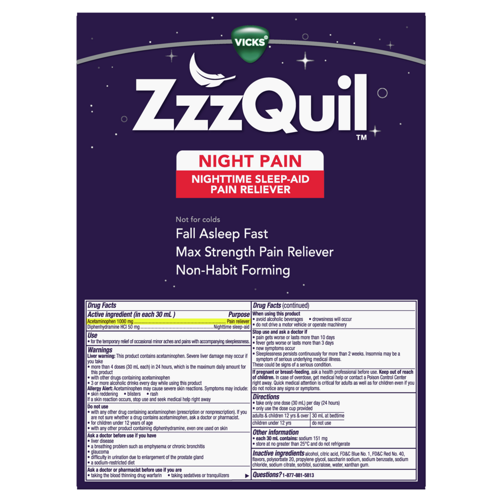 Zzzquil Liquid Max Strength Pain Reliever Nighttime Sleep Aid Liquid Acetaminophen 1000Mg Diphenhydramine 50Mg Hci Non-Habit Forming Midnight Berry Flavored 2 Pack - (2x12)oz/3pk