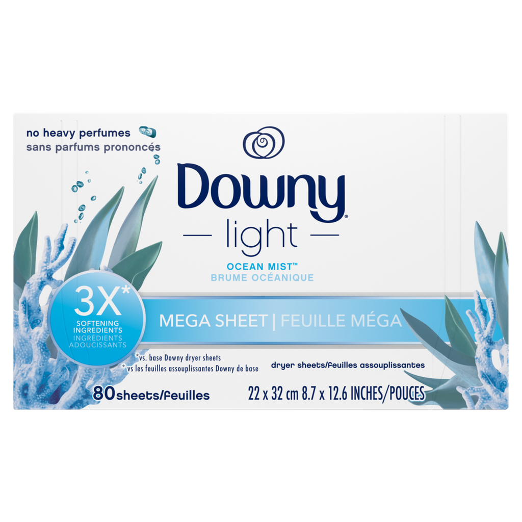 Downy Light Mega Dryer Sheets Fabric Softener Dryer Sheets Ocean Mist - 80ct/4pk