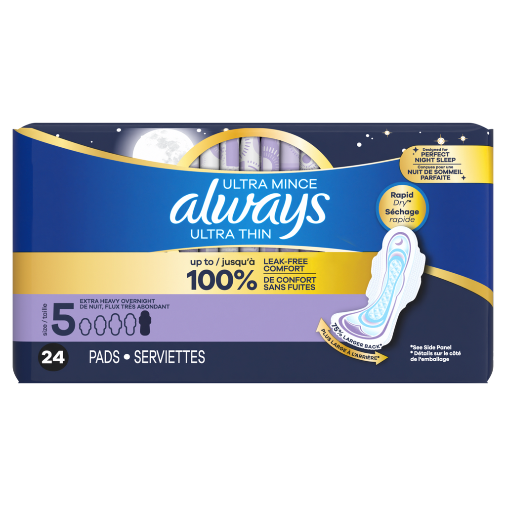 Always Ultra Thin Feminine Pads With Wings For Women Size 5 Extra Heavy Overnight Absorbency Unscented - 24ct/3pk