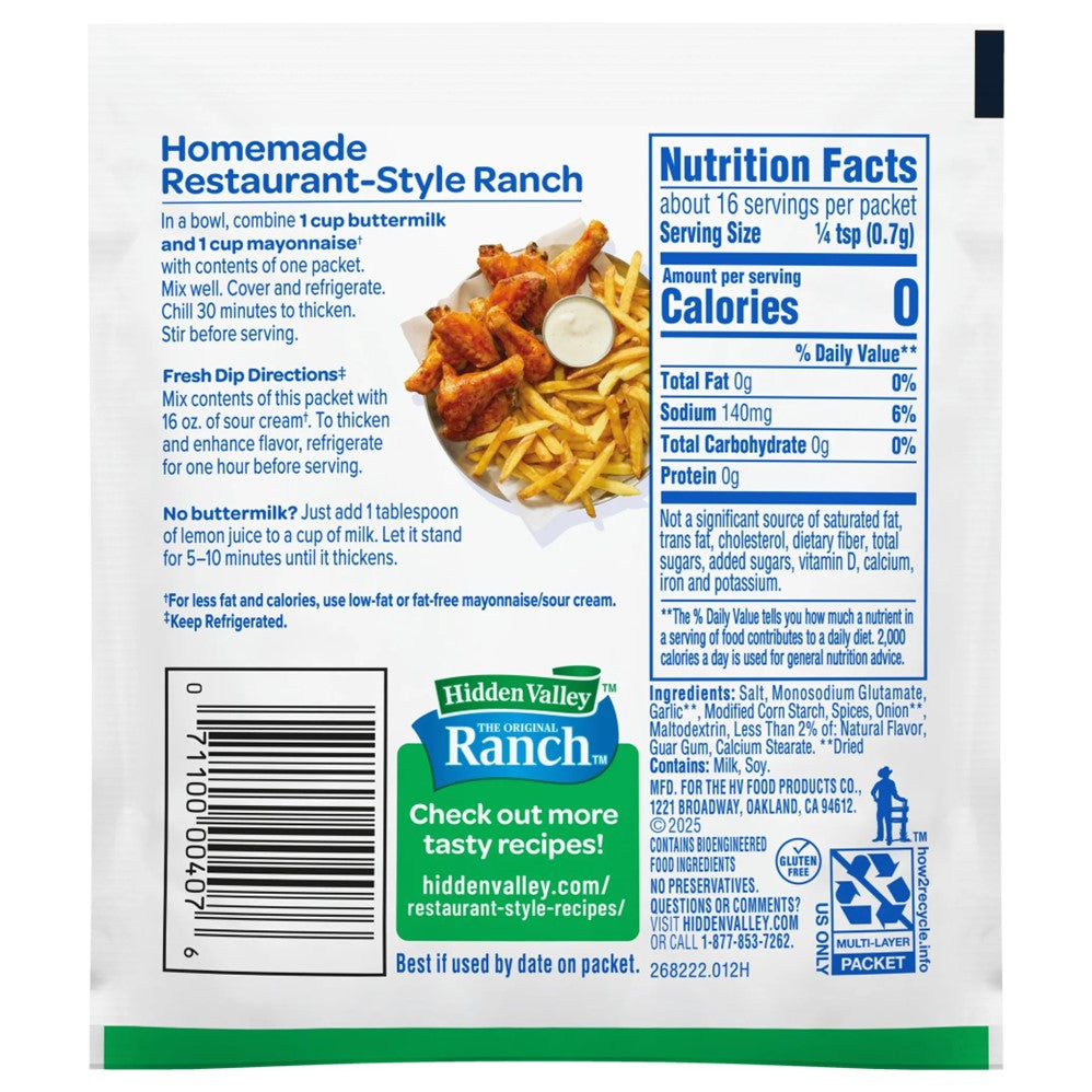 Dry Hidden Valley Salad Dressing Mix Original Ranch Buttermilk - 0.4oz/24pk