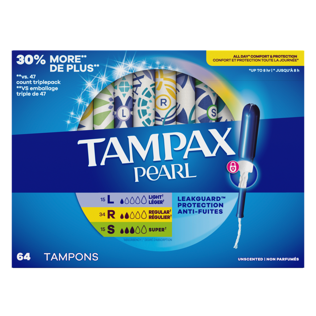 Tampax Pearl Tampons Multipack With Leakguard Braid Light/Regular/Super Absorbency Unscented - 64ct/4pk