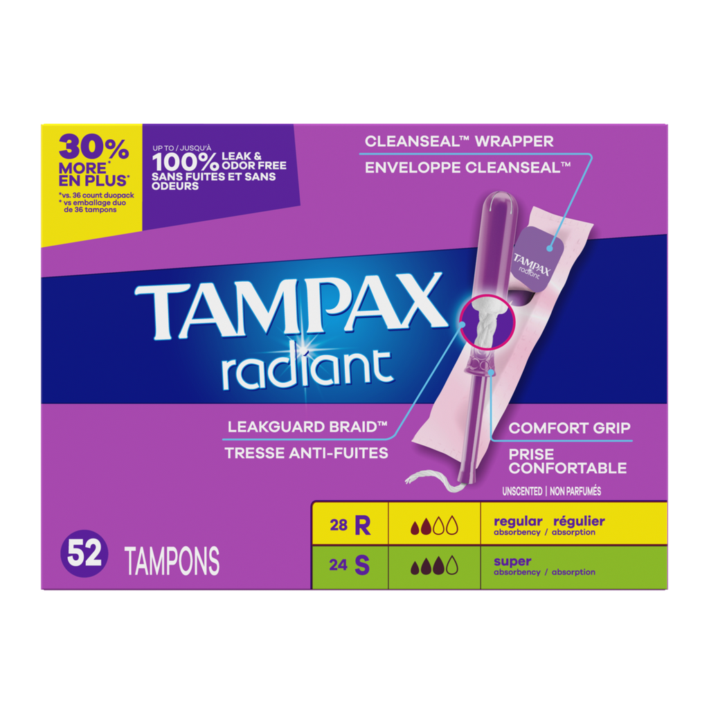 Tampax Radiant Tampons Multipack With Leakguard Braid Regular/Super Absorbency Unscented - 52ct/3pk