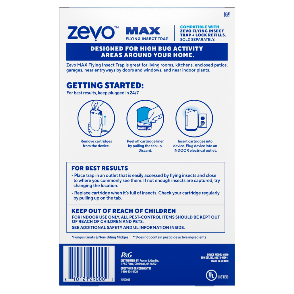 Zevo MAX Flying Insect Indoor Fly Trap: Easy Mess-Free Solution - Light Trap Catches & Kills House Flies Fruit Flies Gnats & More (1 Plug in Device & 2 Cartridges) - 1set/4pk