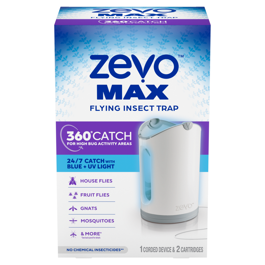 Zevo MAX Flying Insect Indoor Fly Trap: Easy Mess-Free Solution - Light Trap Catches & Kills House Flies Fruit Flies Gnats & More (1 Plug in Device & 2 Cartridges) - 1set/4pk