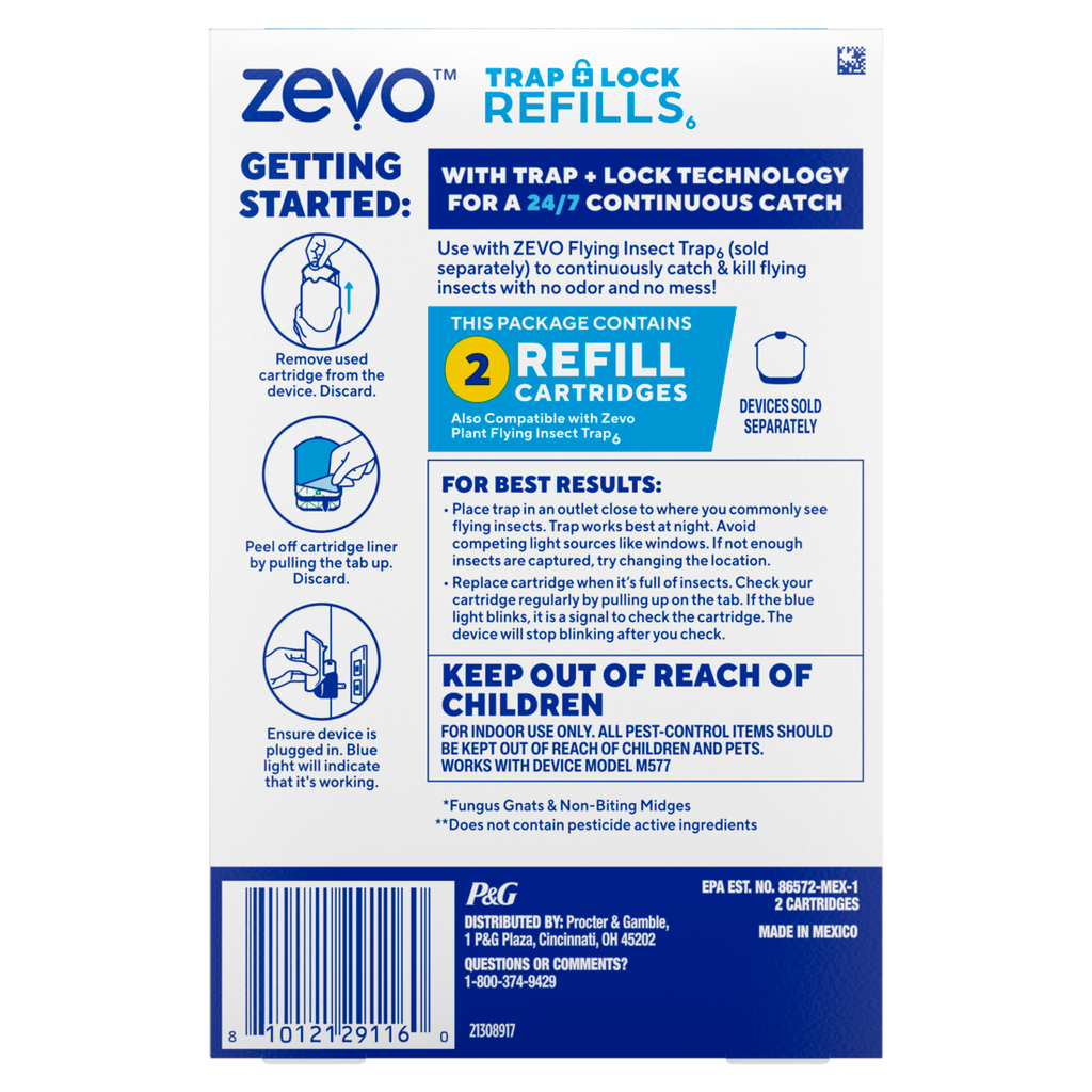 Zevo Compact Flying Insect Trap Refill: Indoor Light Trap Refill Cartridges Capture House Flies Fruit Flies and Gnats - Refill Cartridges - 2ct/8pk
