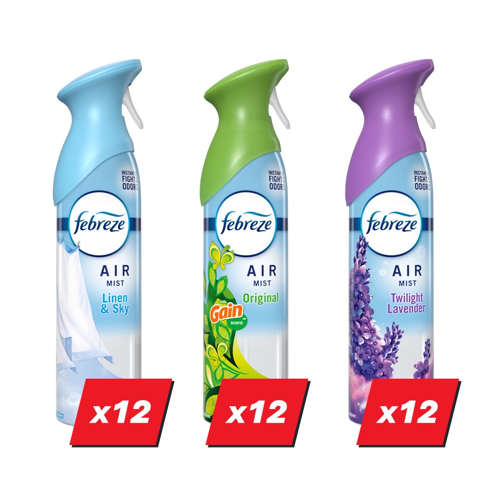 Febreze Air & Bathroom Freshener Display (9x0.25oz Linen & Sky Bath; 9x0.25oz Gain Original Bath; 12x8.1oz Gain Original Air; 12x8.1oz Linen & Sky Air; 12x8.1oz Twilight Lavender Air) - (0.25-8.1)oz/54pk