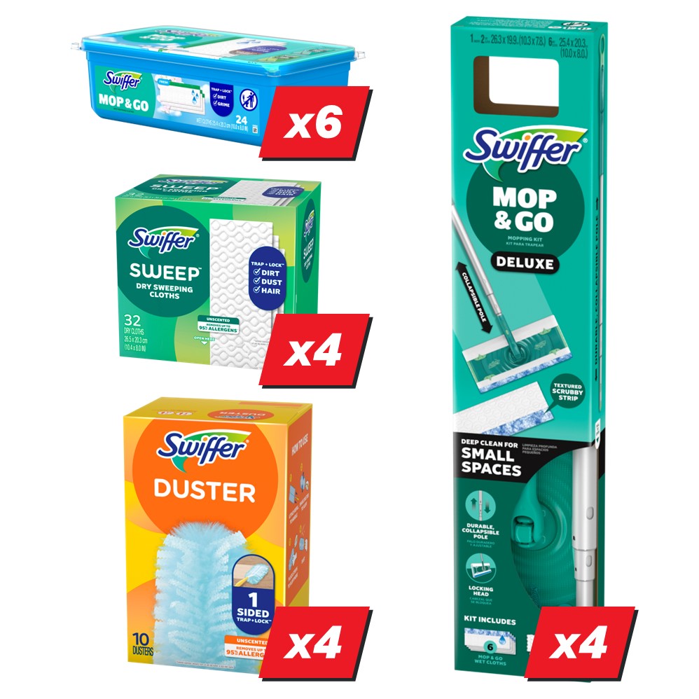 Swiffer Cleaning Products Display (6x24ct Wet Fresh; 4x32ct Dry Unscented; 4x10ct Duster 180 Unscented; 4x1ct Sweeper Deluxe Kit) - 18pk