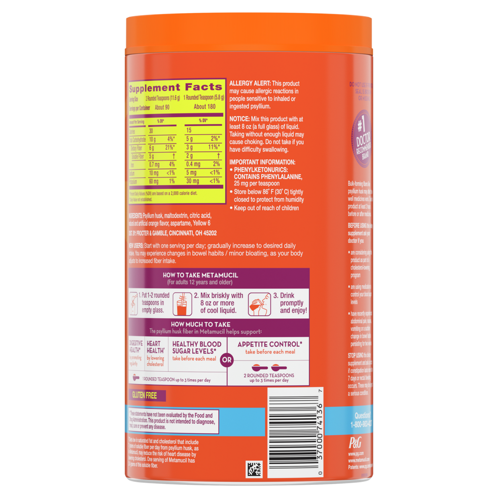 Metamucil 4-in-1 Psyllium Husk Glp-1 Friendly Fiber Supplement Sugar-Free 180 Teaspoons Orange Flavored  Daily Fiber Powder For Digestive Health Made With Plant-Based Psyllium Husk Fiber - 36.8oz/4pk