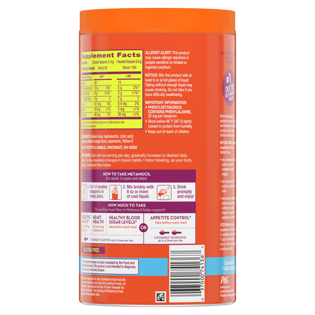 Metamucil 4-in-1 Psyllium Husk Glp-1 Friendly Fiber Supplement Sugar-Free 180 Teaspoons Orange Flavored  Daily Fiber Powder For Digestive Health Made With Plant-Based Psyllium Husk Fiber - 36.8oz/4pk
