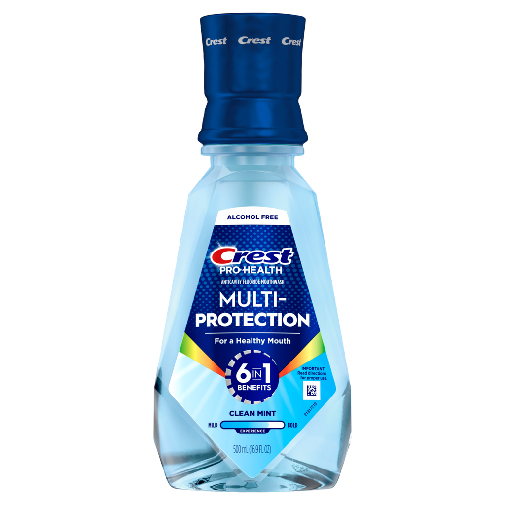 Crest Mouthwash Pro Health Multi-Protection 6-In-1 Benefits Alcohol Free Anticavity Fluoride Mouthwash Contains Cpc (Cetylpyridinium Chloride) Clean Mint 500ml - 16.9oz/4pk