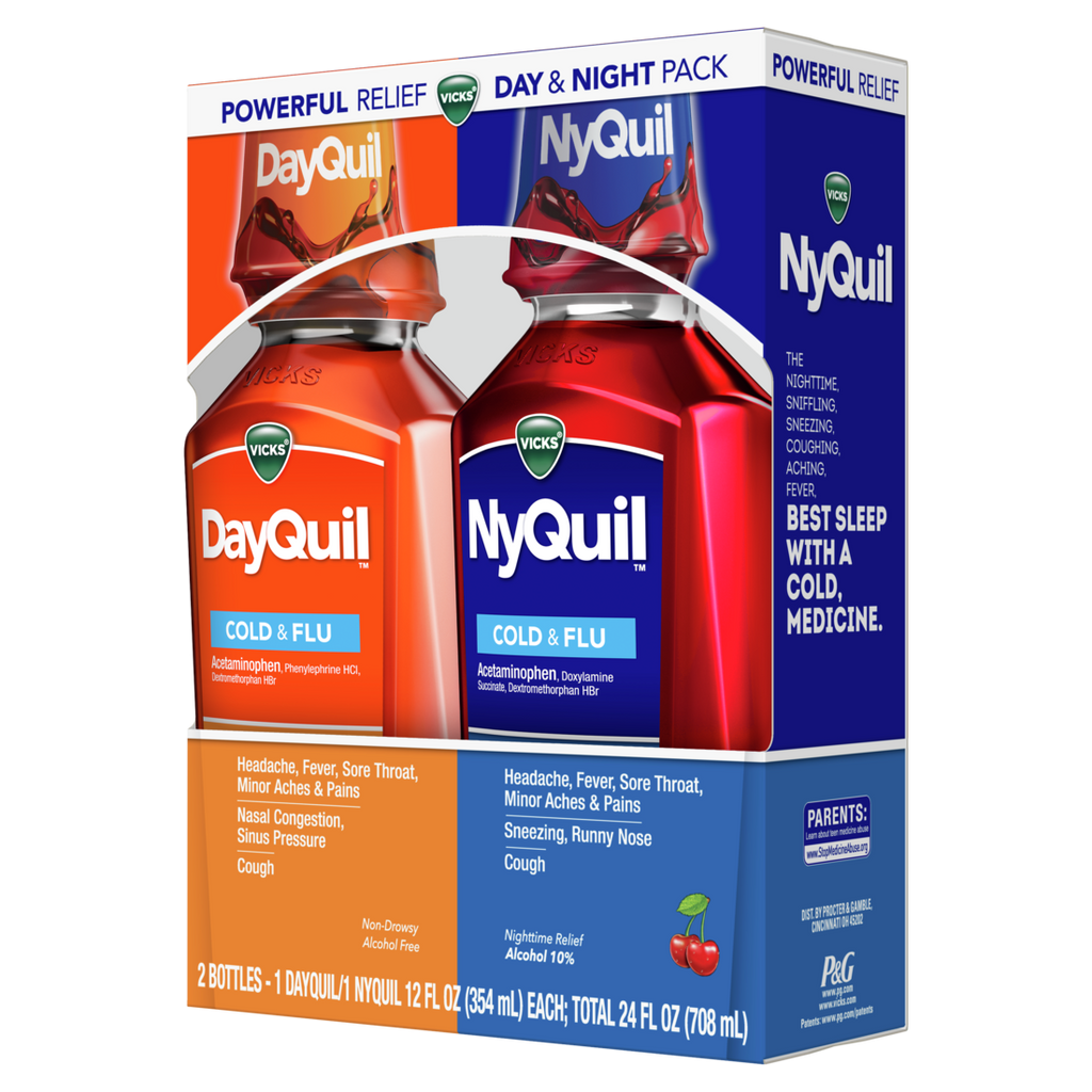 Vicks Dayquil And Nyquil Cherry Cold Flu And Congestion Medicine Relieves Cough Sore Throat Fever Runny Nose Daytime And Nighttime - (2x12)oz/6pk