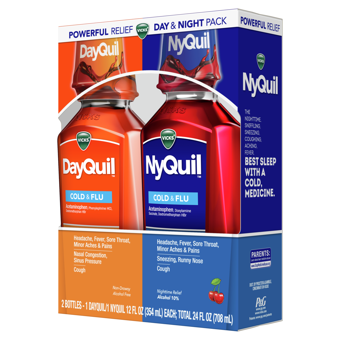 Vicks Dayquil And Nyquil Cherry Cold Flu And Congestion Medicine Relieves Cough Sore Throat Fever Runny Nose Daytime And Nighttime - (2x12)oz/6pk