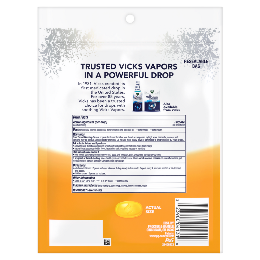 Vicks Vapocool Severe Max Strength Menthol Cough Drop Alternative/Sore Throat Lozenge For Sore Throat Relief Honey Lemon - 45ct/9pk