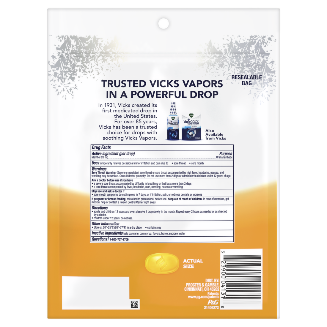 Vicks Vapocool Severe Max Strength Menthol Cough Drop Alternative/Sore Throat Lozenge For Sore Throat Relief Honey Lemon - 45ct/9pk