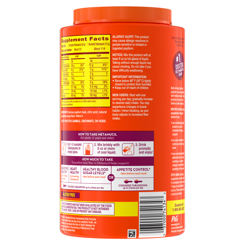 Metamucil 4-in-1 Psyllium Husk Glp-1 Friendly Fiber Supplement Real Sugar 114 Tablespoons Orange Flavored  Daily Fiber Powder For Digestive Health Made With Plant-Based Psyllium Husk Fiber - 48.2oz/4pk
