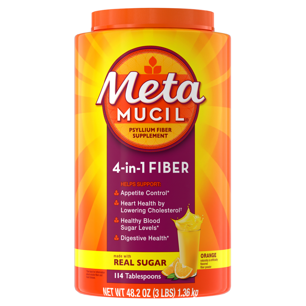 Metamucil 4-in-1 Psyllium Husk Glp-1 Friendly Fiber Supplement Real Sugar 114 Tablespoons Orange Flavored  Daily Fiber Powder For Digestive Health Made With Plant-Based Psyllium Husk Fiber - 48.2oz/4pk